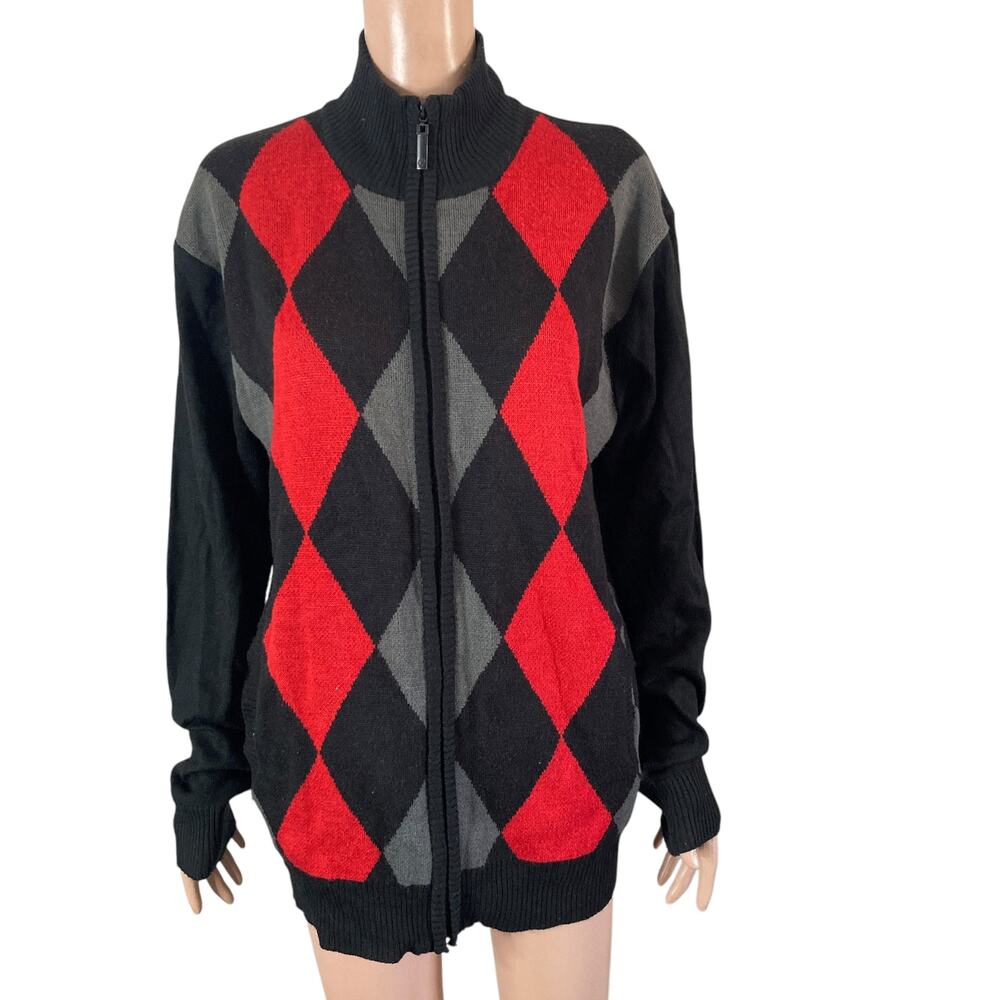 Y2K SouthPole Collection Argyle Sweater Mens Large Black Red Gray Zip Front